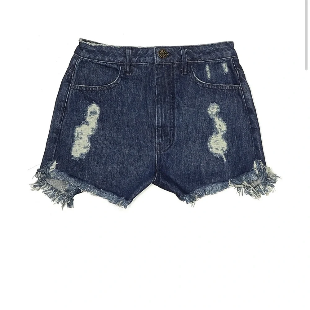 Show Me Your Mumu Houston Dark Wash Distressed High Rise Shorts Women’s 25 - Picture 1 of 5
